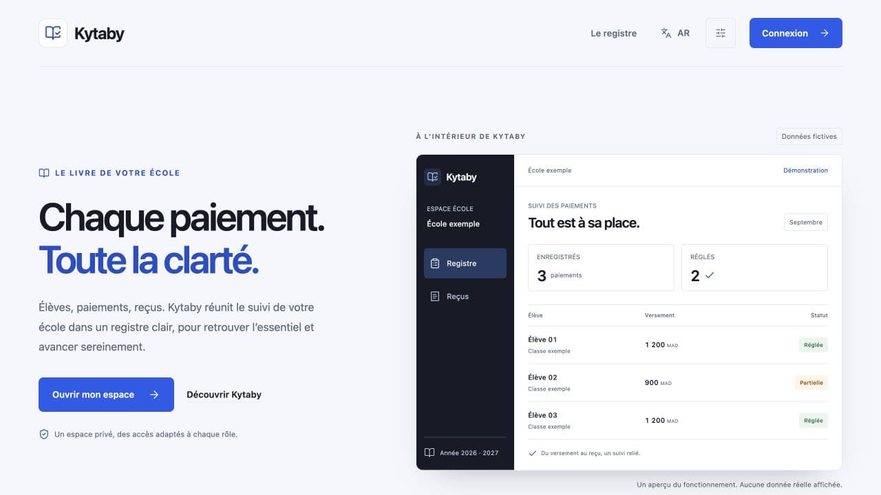 Kytaby public homepage with an example school payment register